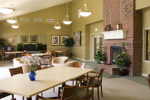 a dining room with a table and chairs and a fireplace