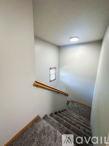 A staircase with a carpeted runner and wooden handrail.