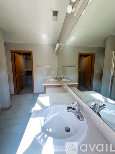 A bathroom with a white sink and mirror.