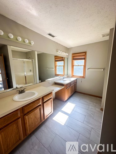A bathroom with a sink, mirror, and two windows.