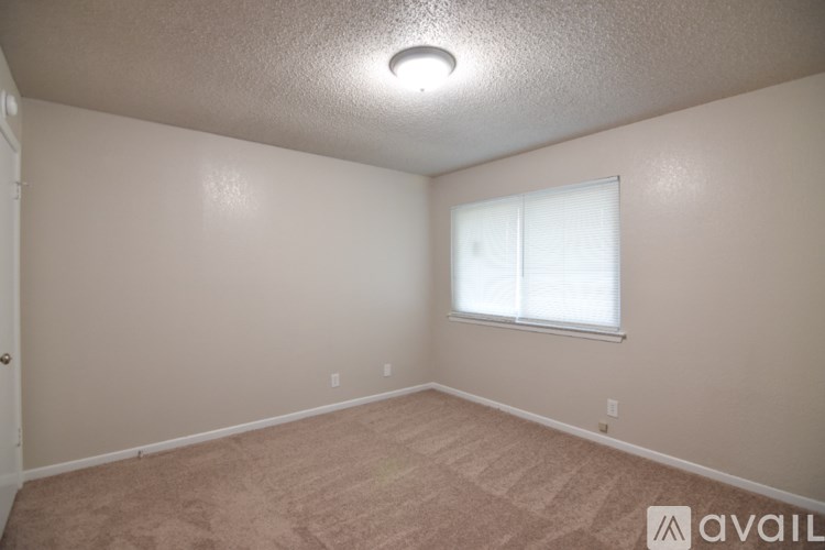 A room with a carpeted floor, a window with blinds, and a door.
