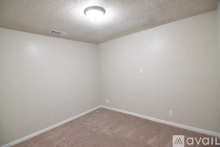 A room with a carpeted floor and a ceiling light.