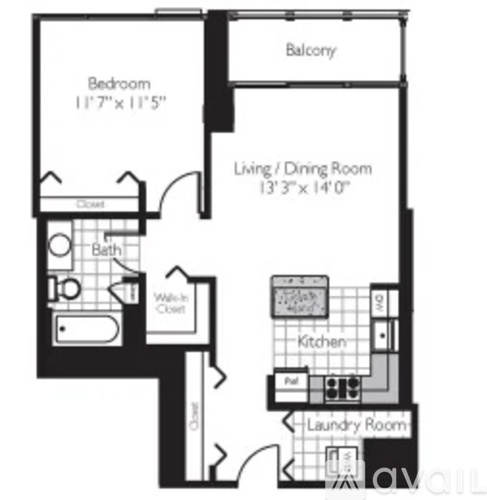 A floor plan of an apartment with a bedroom, living/dining room, kitchen, laundry room, and balcony.