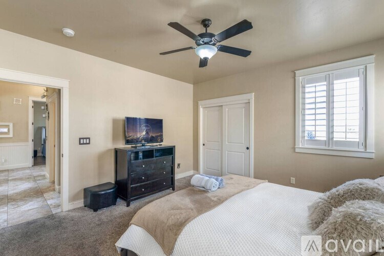 A bedroom with a large bed, a ceiling fan, and a television on a dresser.