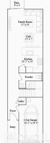 A floor plan of a house with a family room, cafe, kitchen, powder room, and a 1-car garage.