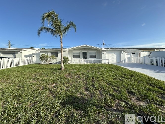 A palm tree stands in a grassy area in front of a row of houses.