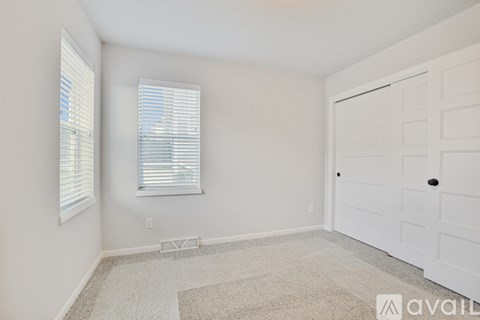 A room with a white door, two windows with blinds, and a carpet on the floor.