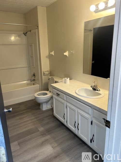 A bathroom with a toilet, sink, and mirror.