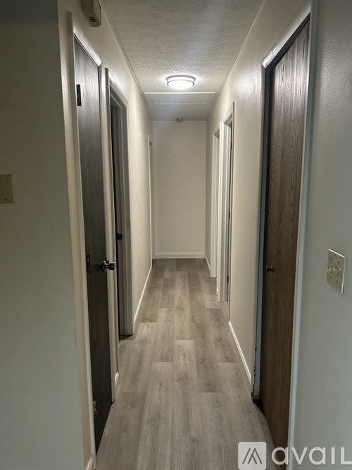 A long hallway with doors on both sides and a light on the ceiling.