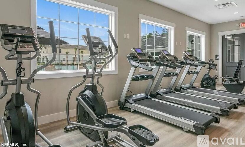 A gym with treadmills and elliptical machines.
