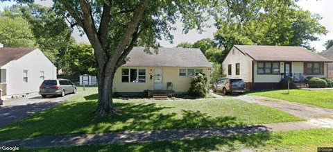A tree in front of a yellow house.