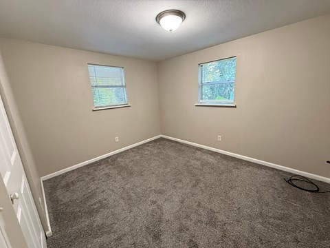 A room with carpeted floor and two windows.