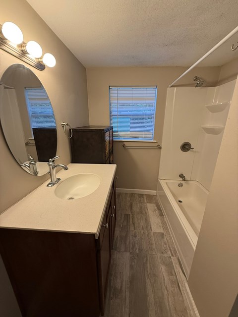 A bathroom with a sink, mirror, and bathtub.