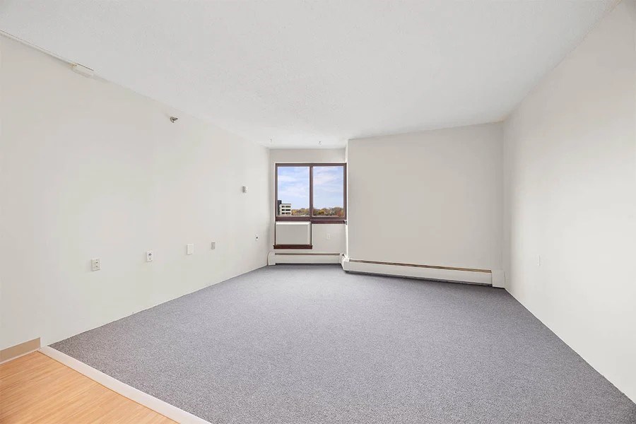 A large empty room with a carpeted floor and a window.