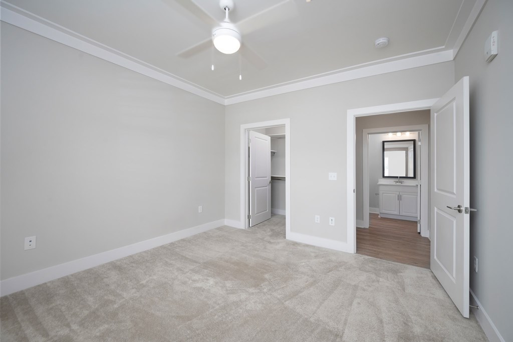A room with a ceiling fan and carpeted floor.