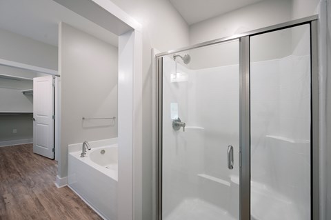 A white bathroom with a walk in shower and a bathtub.