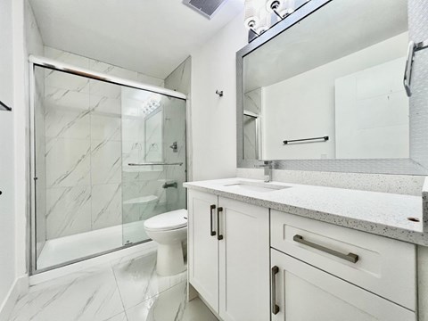 A white bathroom with a walk in shower.
