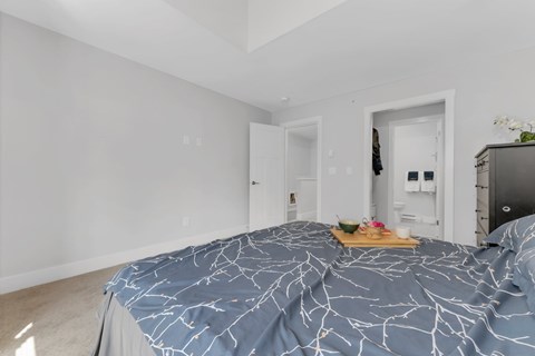 A bed with a grey and white patterned comforter is in the foreground of a bright bedroom.