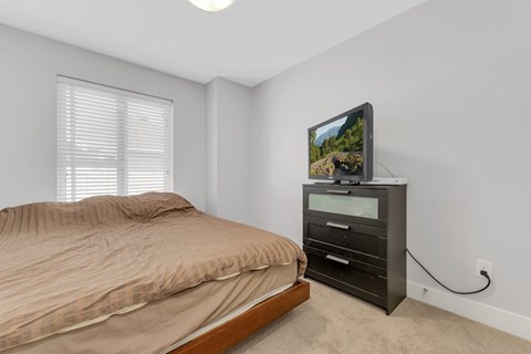 A bedroom with a bed, a dresser, and a television.