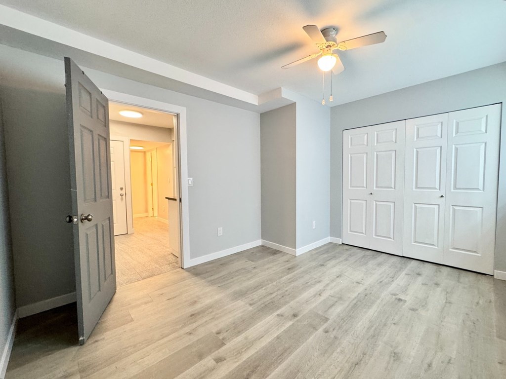 A room with a ceiling fan and light, and a door leading to another room.