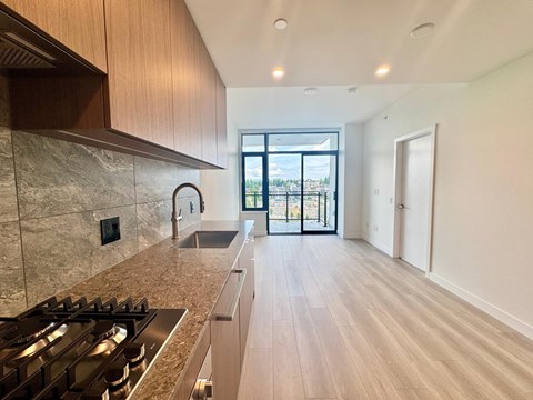 A modern kitchen with a stove top oven and a view of the outdoors through the window.