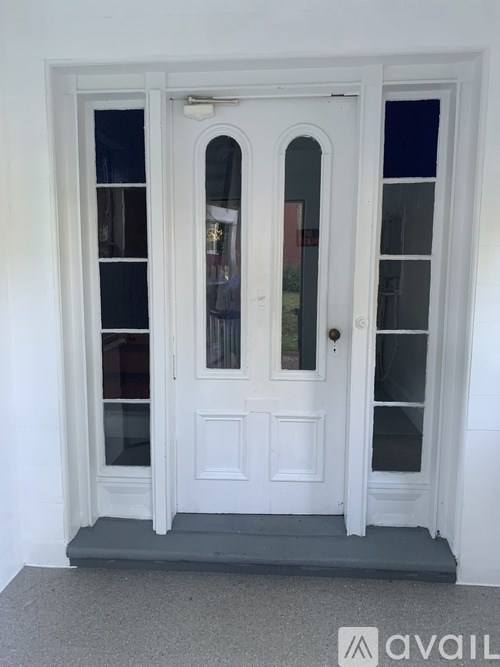 A white door with a glass panel and sidelights.