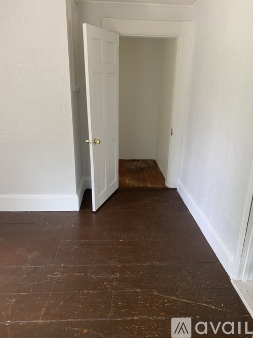 A hallway with a white door and brown flooring.