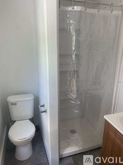 A white toilet is next to a shower curtain in a bathroom.