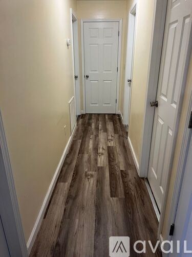 A hallway with wood flooring and white doors.