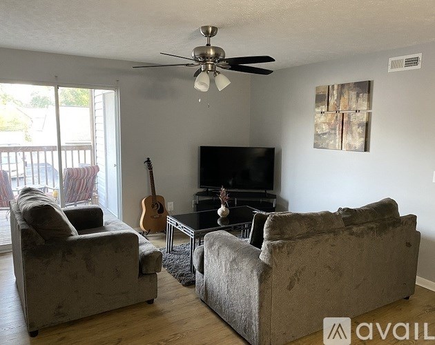 A living room with a television, two couches, a guitar, and a rug.