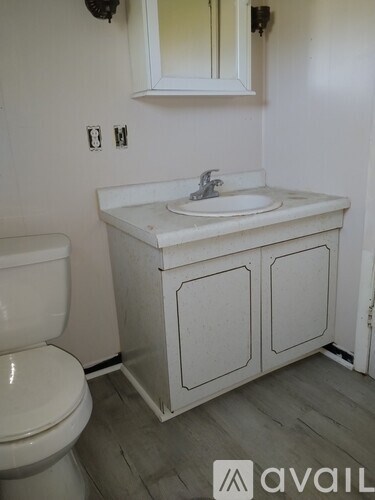 A white bathroom with a toilet, sink and mirror.