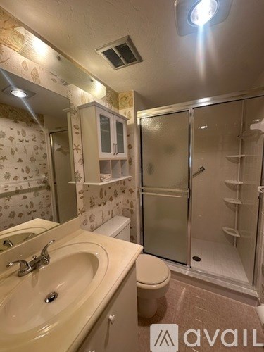 A bathroom with a sink, toilet, and shower.