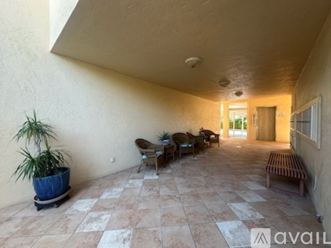 A patio with a bench, chairs, and a potted plant.