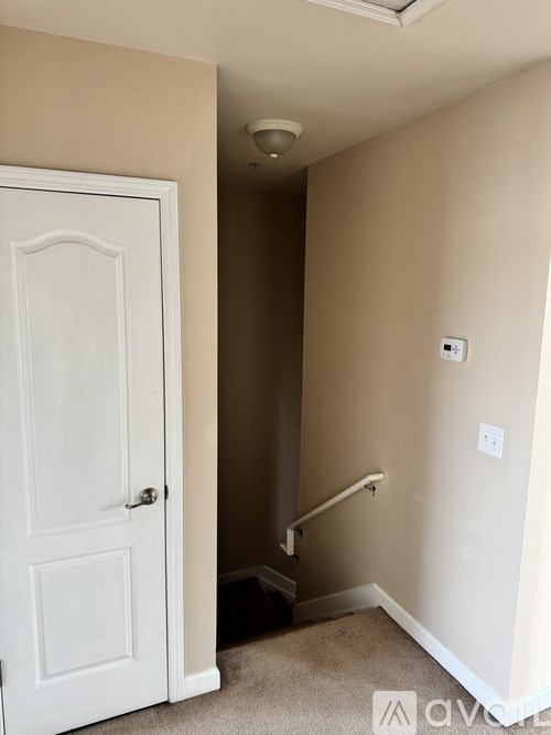 A white door is on the left and a light switch is on the wall.