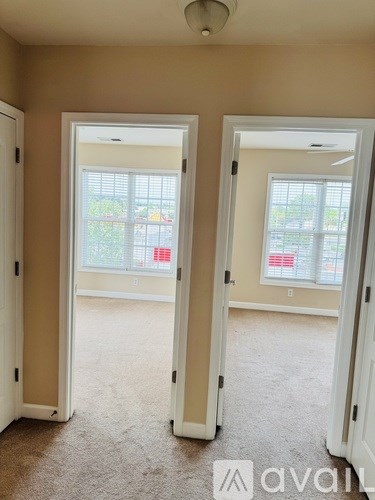 Two open doors leading to a hallway with carpeted floor.