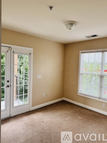 A room with a carpeted floor, a window with blinds, a door with a glass panel, and a ceiling with a smoke detector.