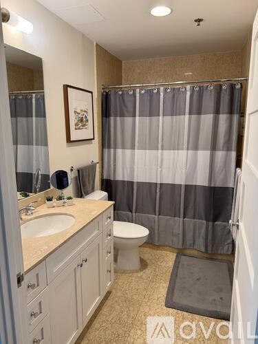 A bathroom with a sink, toilet, and shower curtain.