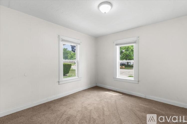 Two windows in a room with carpeted floor and white walls.