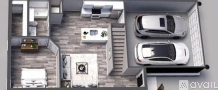 A top-down view of a house with a kitchen, living room, and two bedrooms.