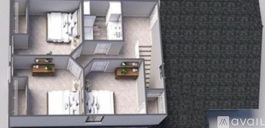 A floor plan of an apartment with two bedrooms, a living room, a kitchen, and a bathroom.