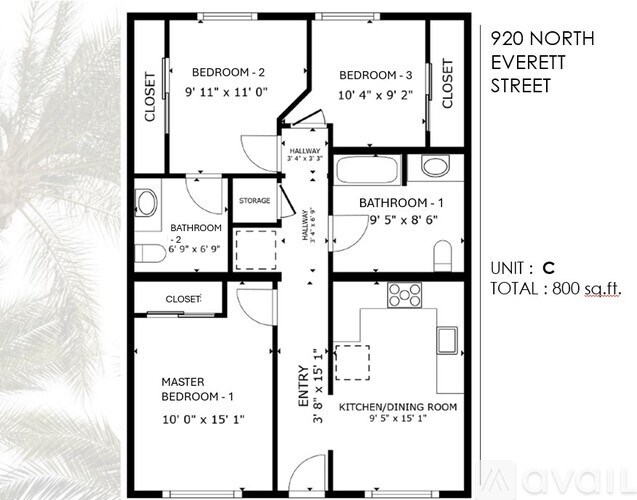 A floor plan for a 800 square feet apartment at 920 North Everett Street.