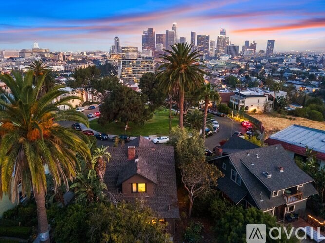 A house with palm trees in front and a city skyline in the background.