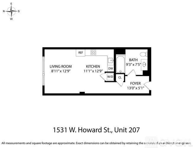 A floor plan of a living space with a kitchen, bathroom and foyer.