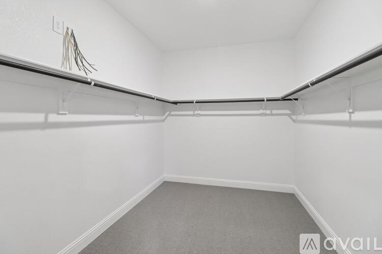 A white closet with a grey carpet and a hanger on the wall.