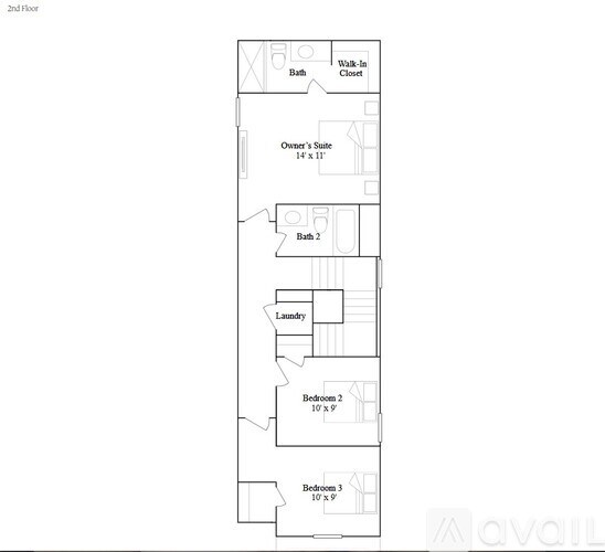 A floor plan of a 2nd floor apartment with a laundry room and three bedrooms.