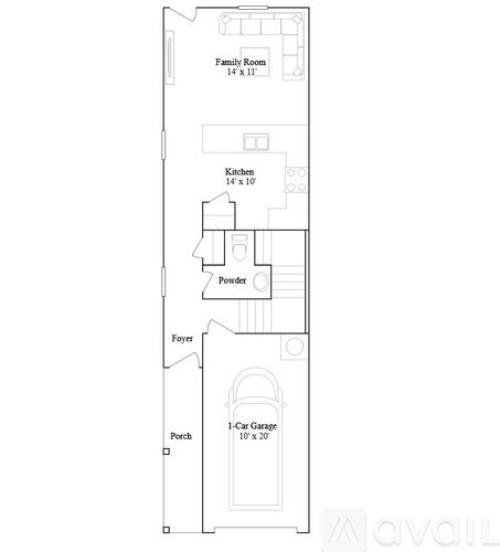 A floor plan of a house with a garage and a powder room.