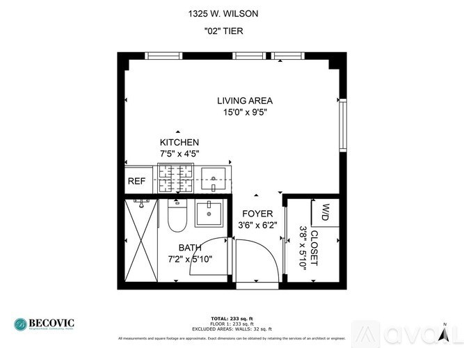 A floor plan for a 02" Tier at 1325 W. Wilson shows a living area, kitchen, bath, and foyer.