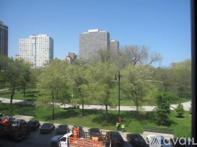 A city park with trees and buildings in the background.