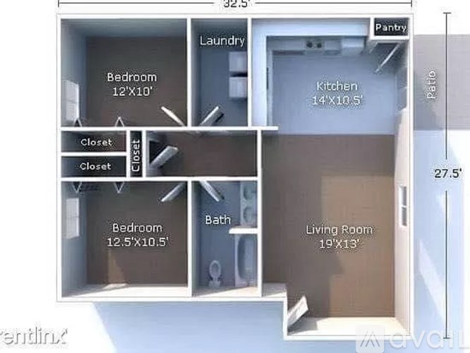 A floor plan of a small apartment with a living room, kitchen, two bedrooms, a bathroom, and a pantry.