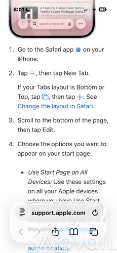 A screenshot of a mobile device displaying instructions for changing the start page in Safari.